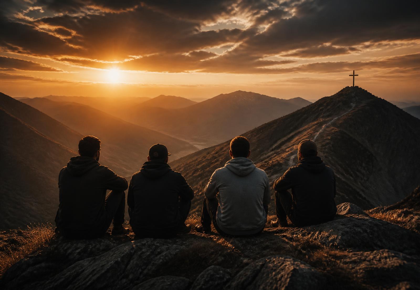 Four men sitting on a ridge at sunrise looking toward a distant cross